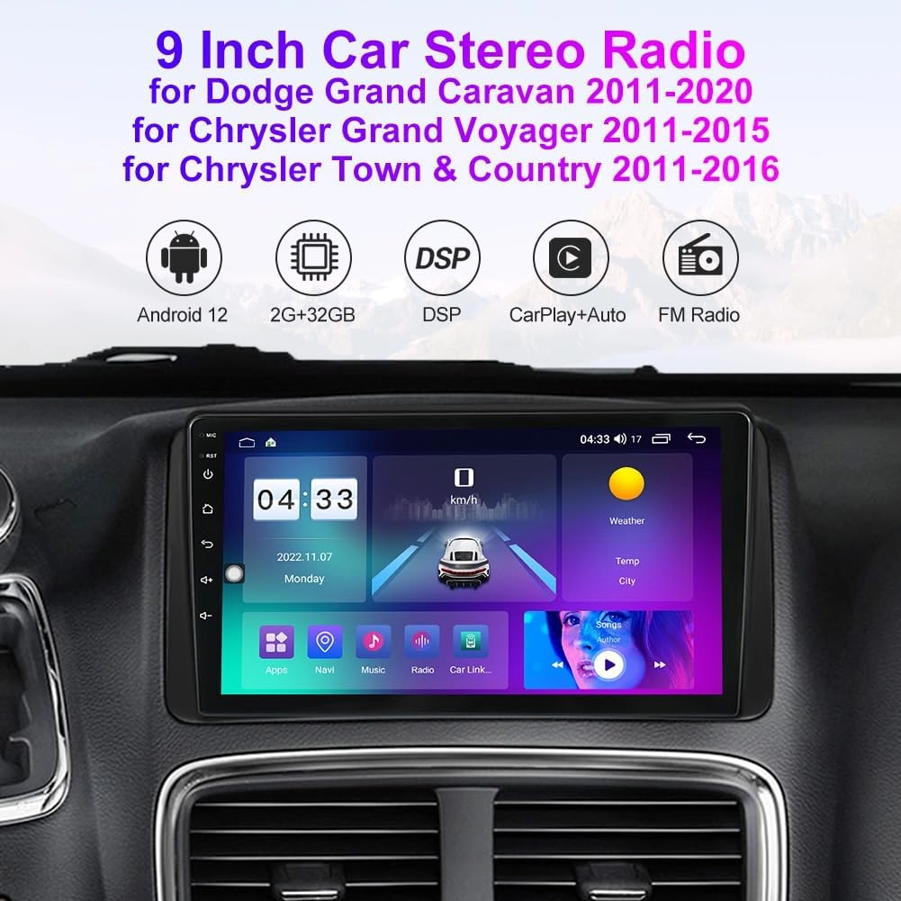 Car Radio Stereo for Dodge Grand Caravan 2008-2020 GPS Navi Wireless and Wired Car-Play Android Auto Voice Control