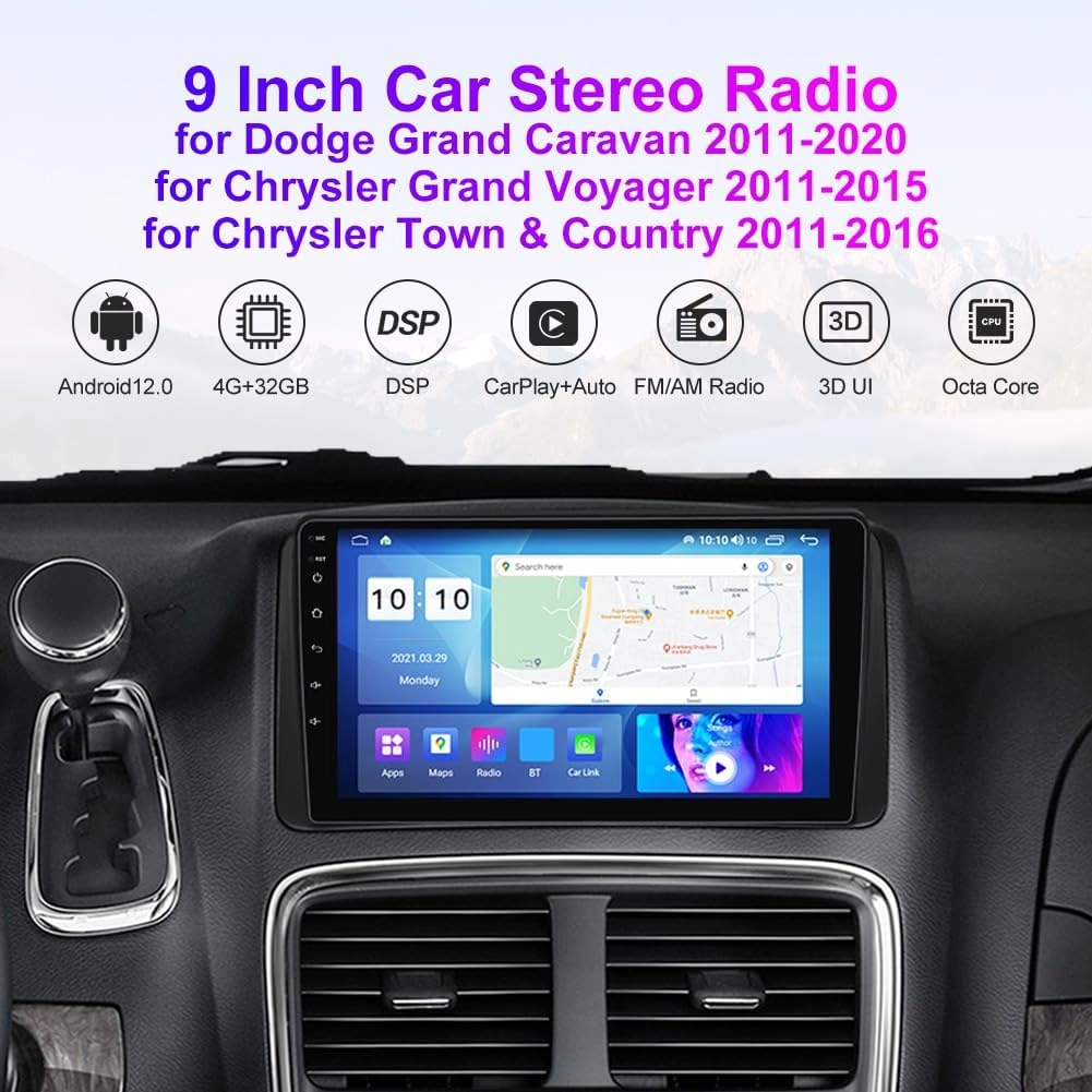 Android 13 Car Stereo for Dodge Grand Caravan 2011-2020, 9 Inch 8-Core 3D Real-Time Dynamics GPS Navi Radio Wireless Wired Car-Play Android Auto IPS BT FM AM RDS DSP 4G RAM 32G ROM